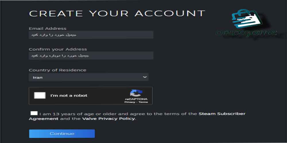 برای ساخت اکانت استیم جیمیل خود را وارد کنید