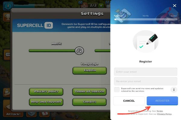 وارد کردن ایمیل برای ساخت سوپرسل آیدی